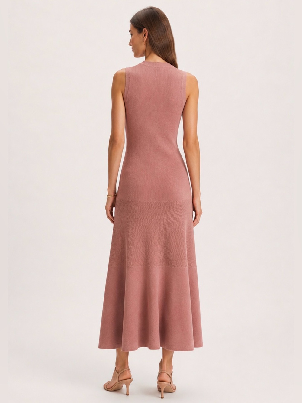 12 STOREEZ Dusty Rose Sleeveless Ribbed Knit Maxi Dress XS Soft Flare Hem - Picture 3 of 14